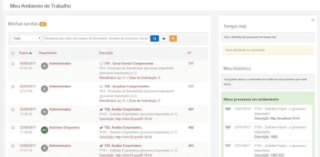 Lista de processos no orquestra BPMS