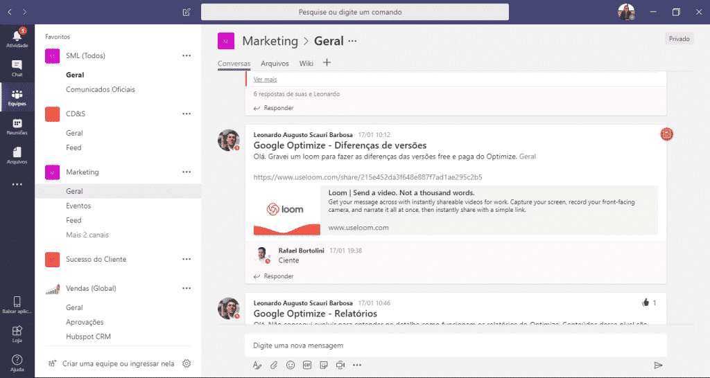 Visão de conversas por equipes no Microsoft Teams