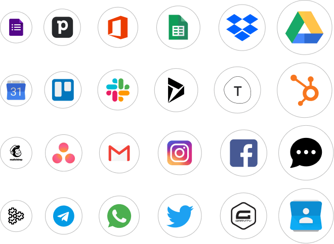 Logos de plataformas de integrações com a Zeev como: google drive, facebook, instagram, twitter, whatsapp, trello, gmail, entre outros