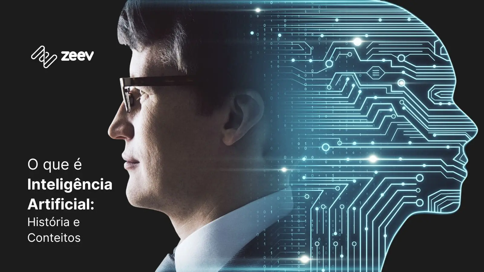 Imagem de rosto de homem em contraste com rosto simulado de inteligência artificial escrito o que é inteligência artificial