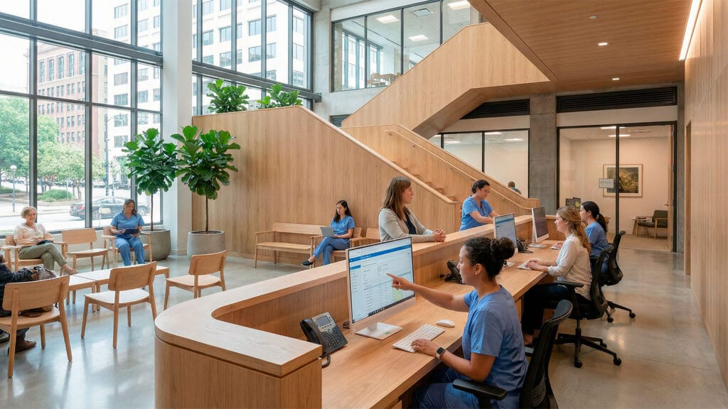 Equipe de atendimento em saúde utilizando o software de workflow com IA Zeev