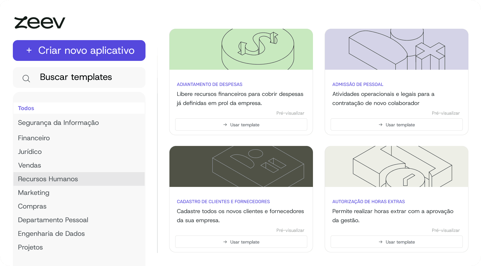 Tela de templates Zeev