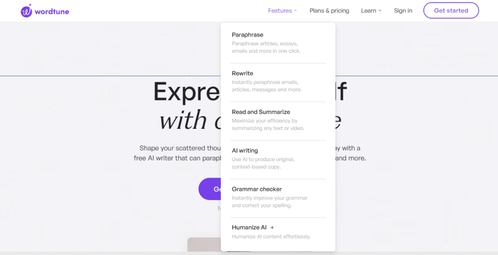 Página wordtune e suas features