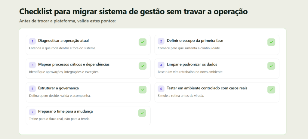 Checklist para migrar sistema de gestão sem travar a operação
